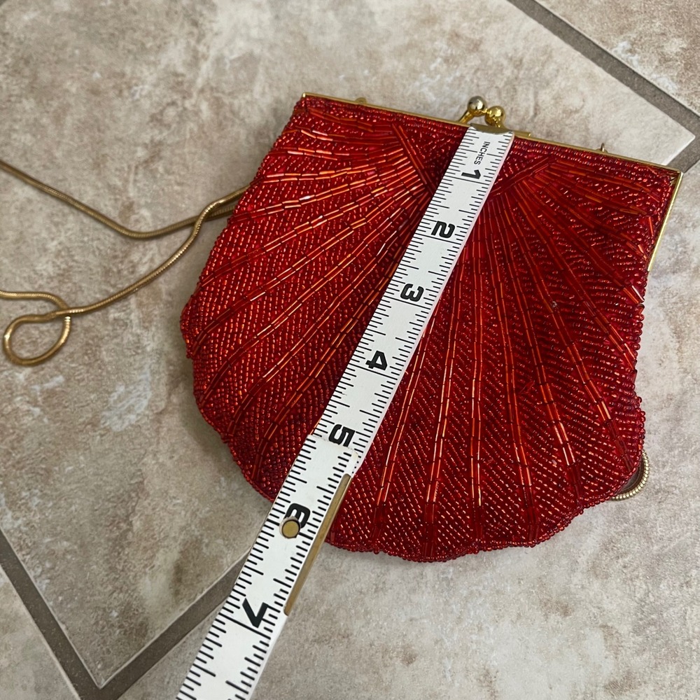 Partners Red Beaded Shell Evening Bag Gold Snake Chain Kiss Lock Clutch Vintage - Picture 8 of 10